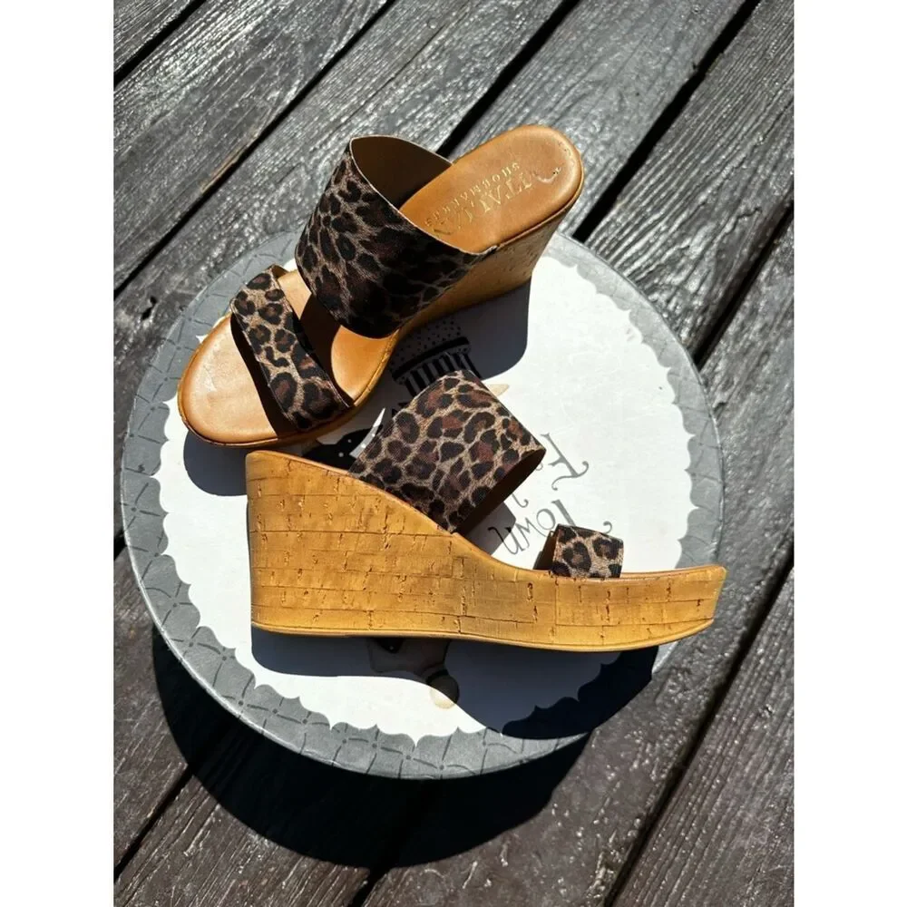 Italian Shoemakers Leopard-Print Cork Wedge Slides